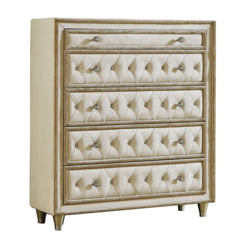 Antonella 5-drawer Upholstered Chest Ivory and Camel - California Furniture (Coachella, CA)