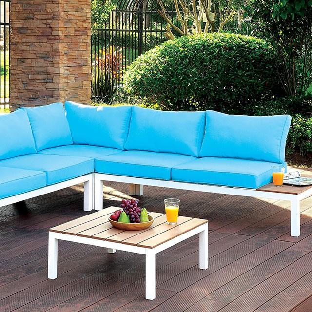 WINONA White/Oak/Blue Patio Sectional w/ Table - California Furniture (Coachella, CA)