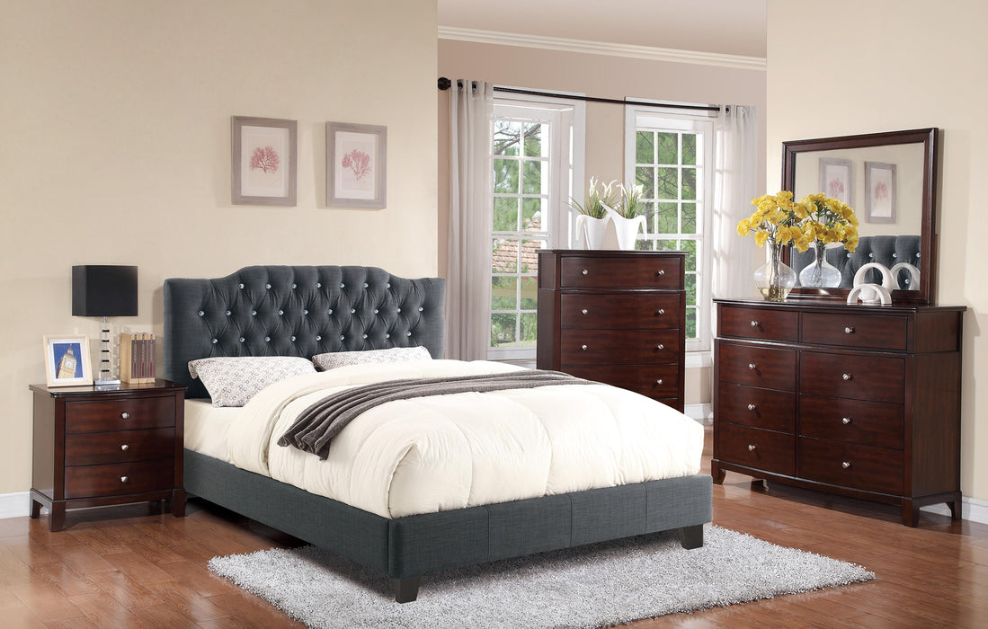 Chyuan Queen Bed/Blue Grey Polyfiber, Headboard 47"H/Footboard 15.5"H in Blue Grey / Espresso - California Furniture (Coachella, CA)