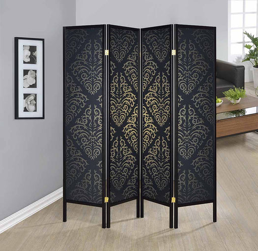 Haidera 4-panel Damask Pattern Folding Screen Black - California Furniture (Coachella, CA)