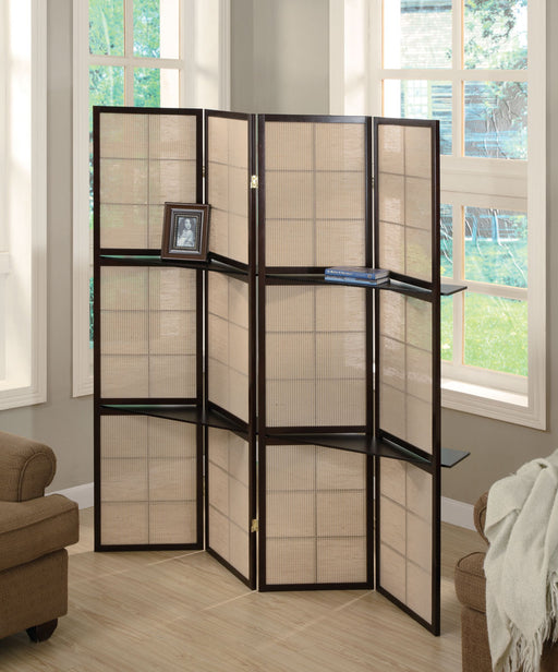 Iggy 4-panel Folding Screen with Removable Shelves Tan and Cappuccino - California Furniture (Coachella, CA)