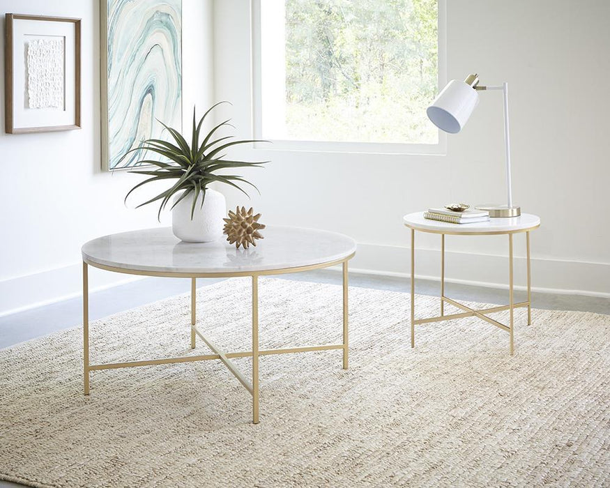Ellison Round X-cross End Table White and Gold - California Furniture (Coachella, CA)