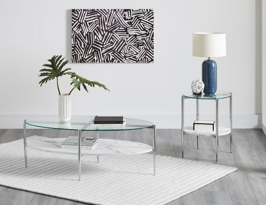 Cadee Round Glass Top End Table Clear and Chrome - California Furniture (Coachella, CA)