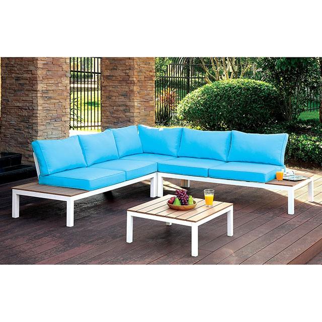 WINONA White/Oak/Blue Patio Sectional w/ Table - California Furniture (Coachella, CA)