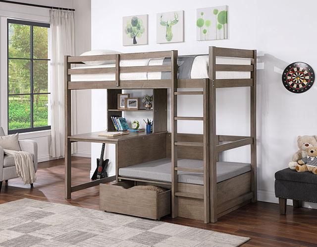 CALLISTUS Twin Workstation Loft Bed, White & Gray - California Furniture (Coachella, CA)