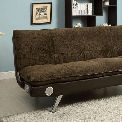 GALLAGHER Dark Brown/Chrome Futon Sofa w/ Bluetooth Speaker, Brown - California Furniture (Coachella, CA)