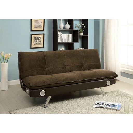 GALLAGHER Dark Brown/Chrome Futon Sofa w/ Bluetooth Speaker, Brown - California Furniture (Coachella, CA)