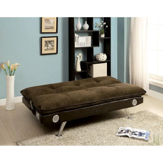 GALLAGHER Dark Brown/Chrome Futon Sofa w/ Bluetooth Speaker, Brown - California Furniture (Coachella, CA)