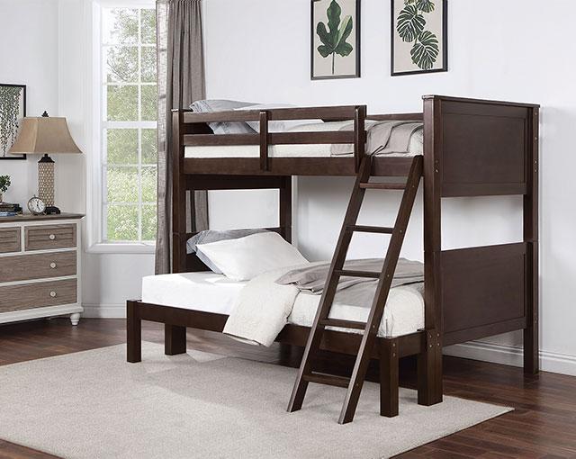 STAMOS Full/Full, Twin/Full, & Twin/twin Bunk Bed, Walnut - California Furniture (Coachella, CA)