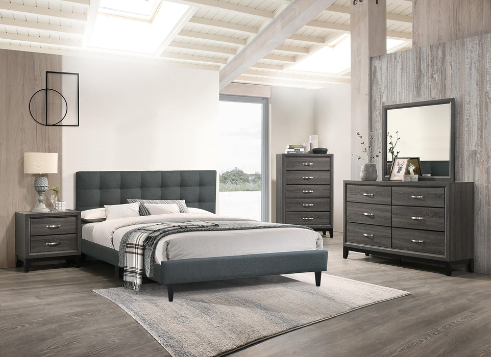 Chyuan Queen Bed/Charcoal Fabric in Charcoal/Espresso - California Furniture (Coachella, CA)