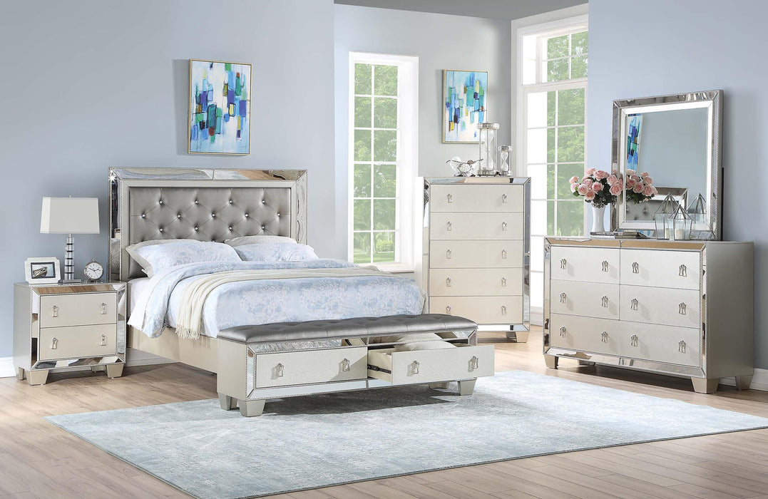 Mcraft Queen Bed W/Storage Bench/Stainless Panel/Silver in Silver - California Furniture (Coachella, CA)